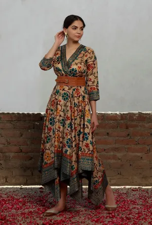 Beige Kalamkari Printed Cotton Silk Asymmetrical Dress