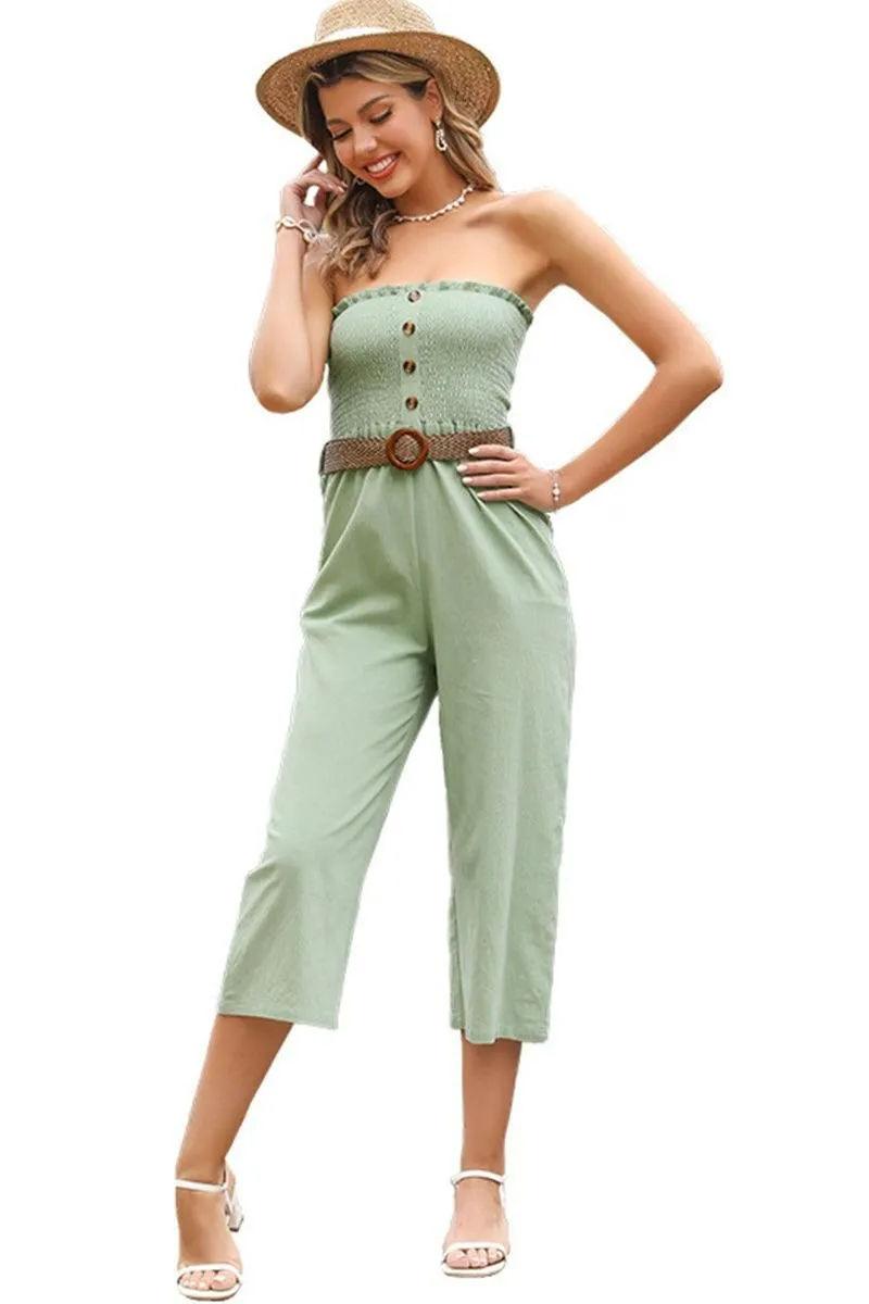 BELTED SMOKED CAPRI JUMPSUIT