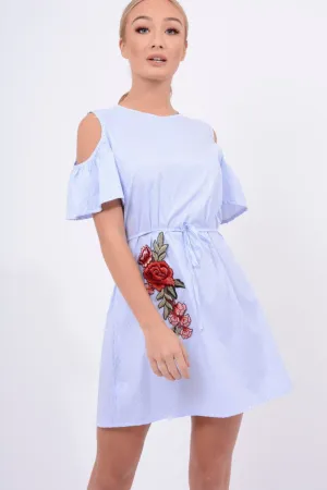 Blue Striped Cold Shoulder Embroidered Shirt Dress - Isadora