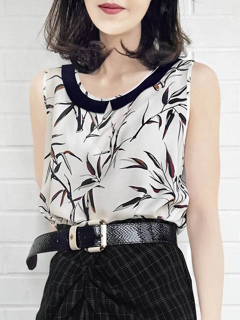 Breezy Print Contrasted Collar Tank Sleeveless Longline Top