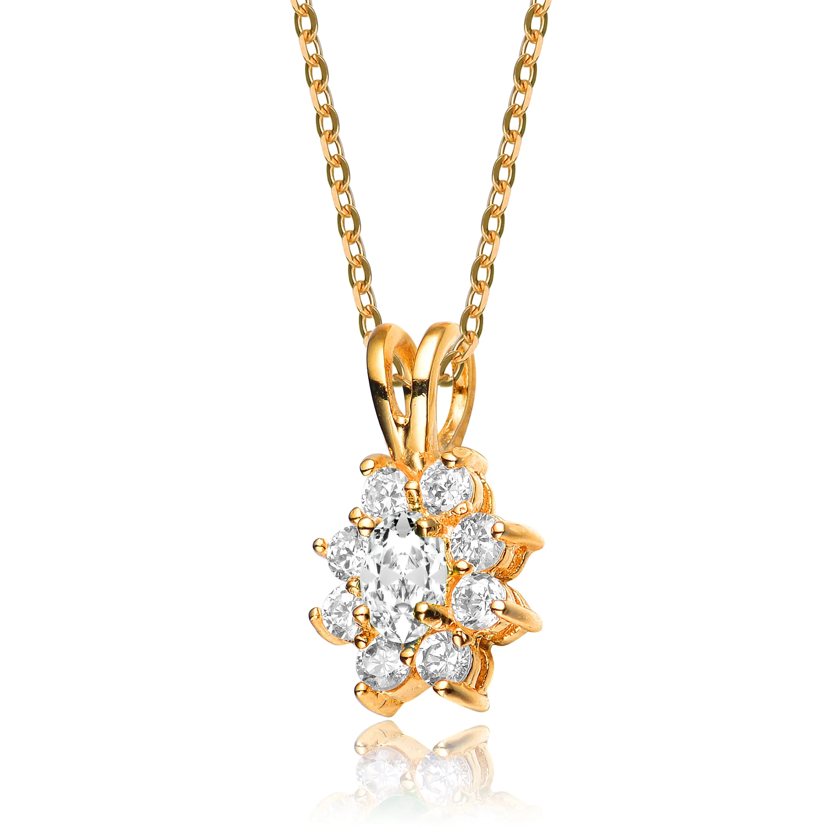 Cubic Zirconia Sterling Silver Gold Plated Flower Shape Drop Pendant