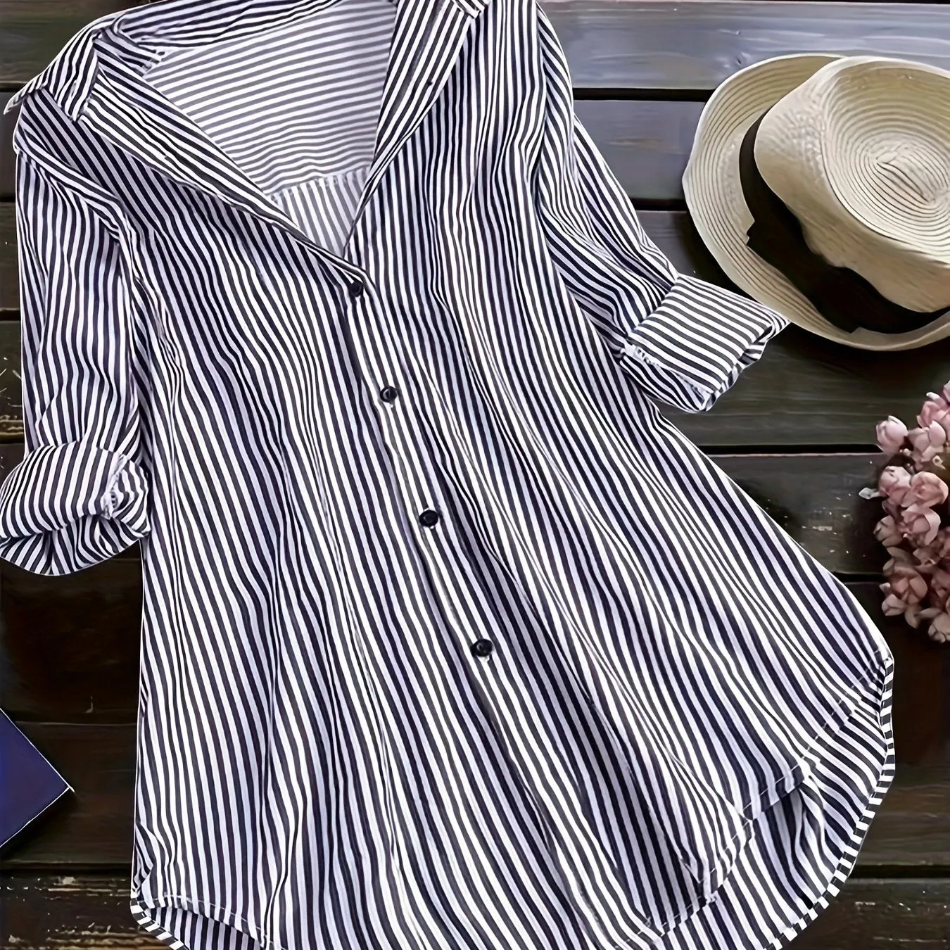 Curvy Chic Striped Long Sleeve ButtonUp Tunic Blouse