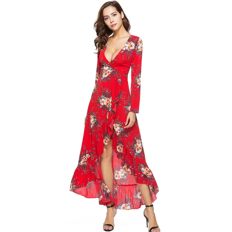 Deep V Neck Floral Print Ruffle Chiffon Long Dress