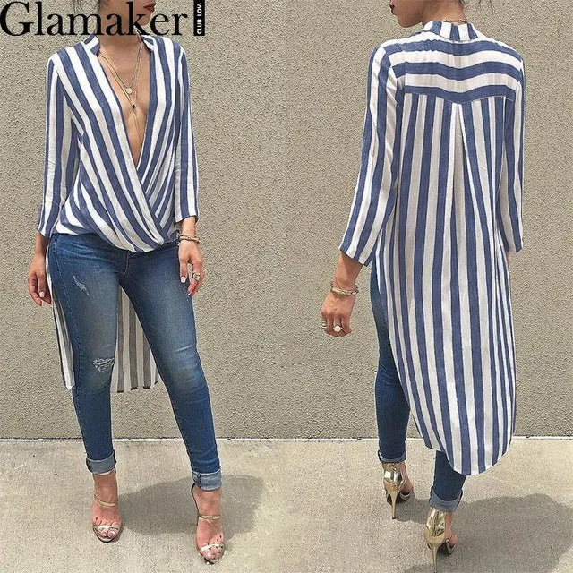 Glamaker Swallowtail striped women blouse shirt 2016 Autumn long sleeve deep v neck loose casual blouse blusas Party sexy tops