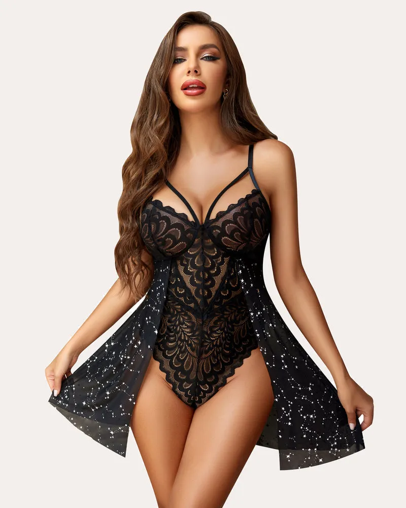 Leopard Floral Lace Snap Crotch Teddy