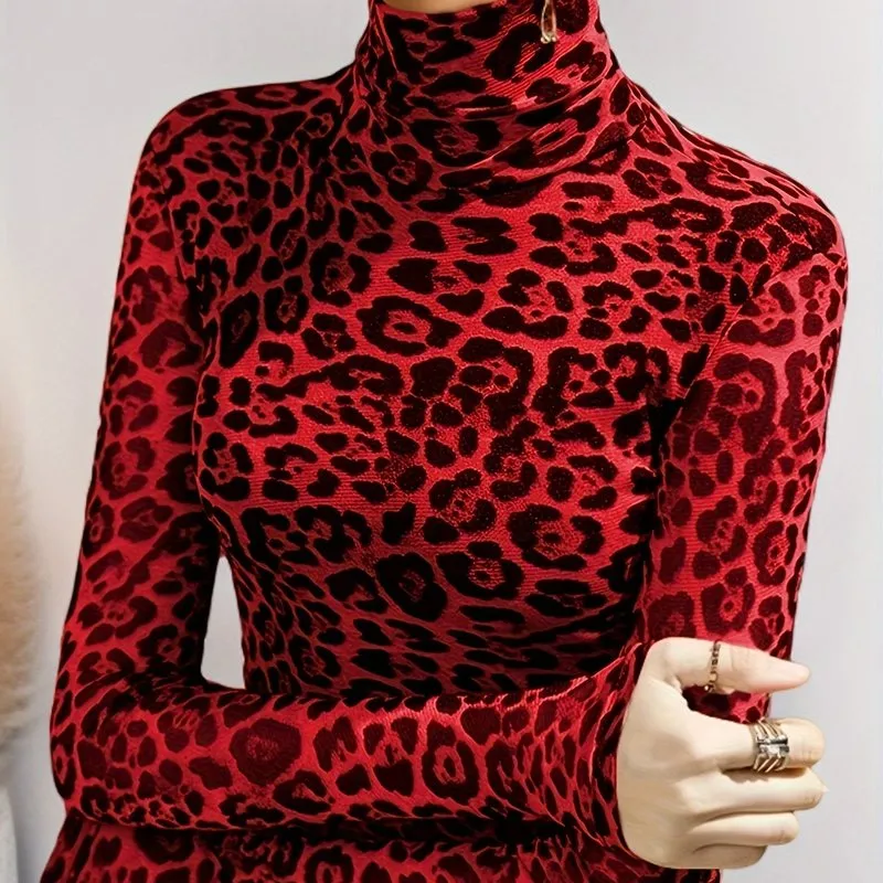 Leopard Print Turtleneck Stylish Top for Spring  Fall