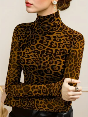 Leopard Print Turtleneck Stylish Top for Spring  Fall