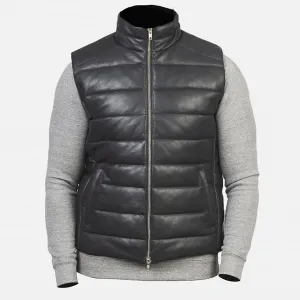 Men's Black Leather Puffer Vest with Zipper Closure and Side Pockets