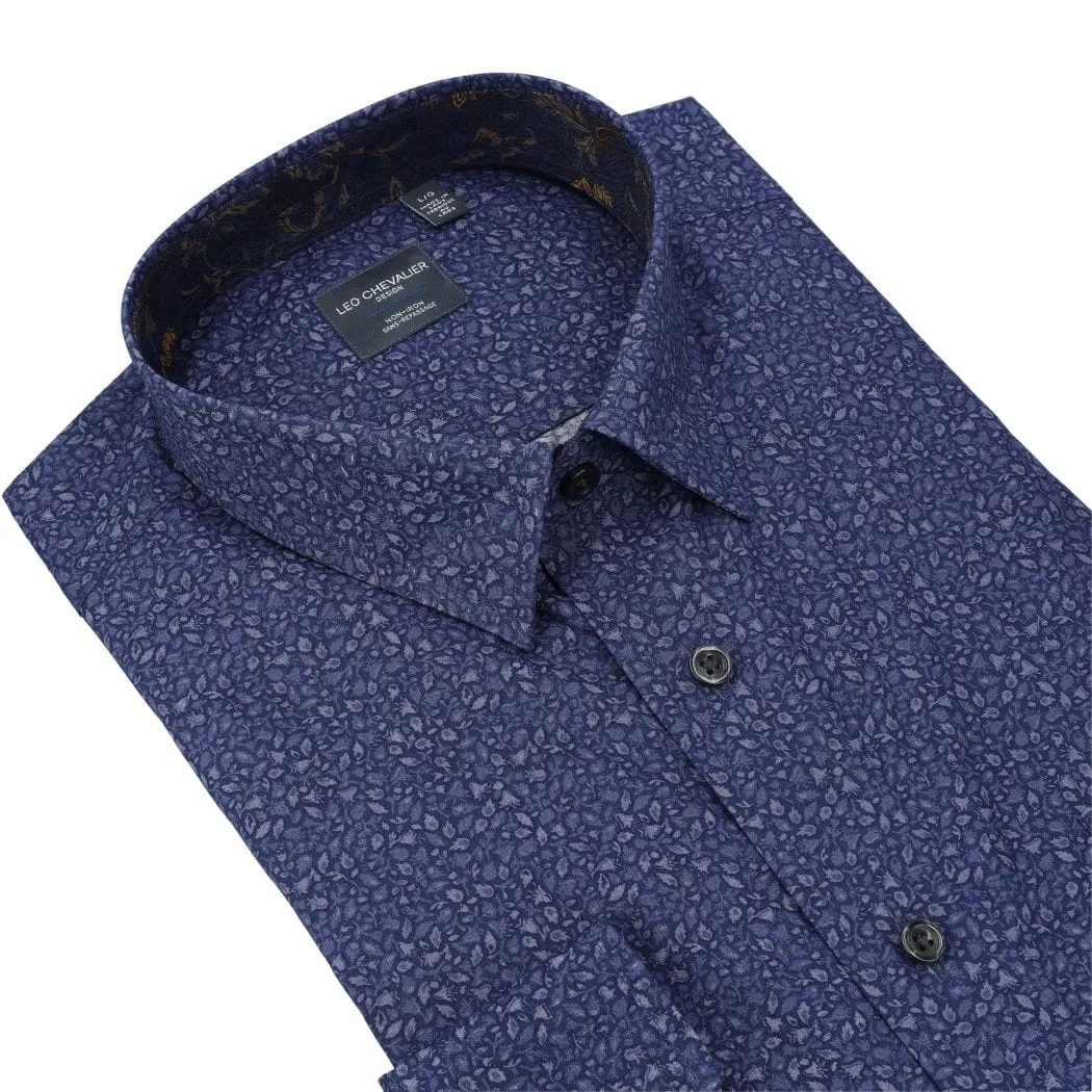 Navy Print Men's Casual Hidden Button Down Shirt