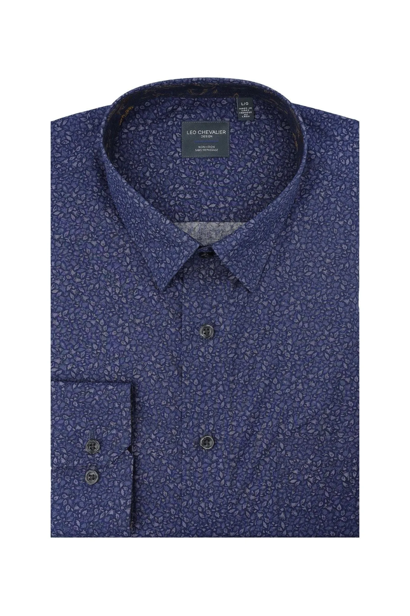 Navy Print Men's Casual Hidden Button Down Shirt