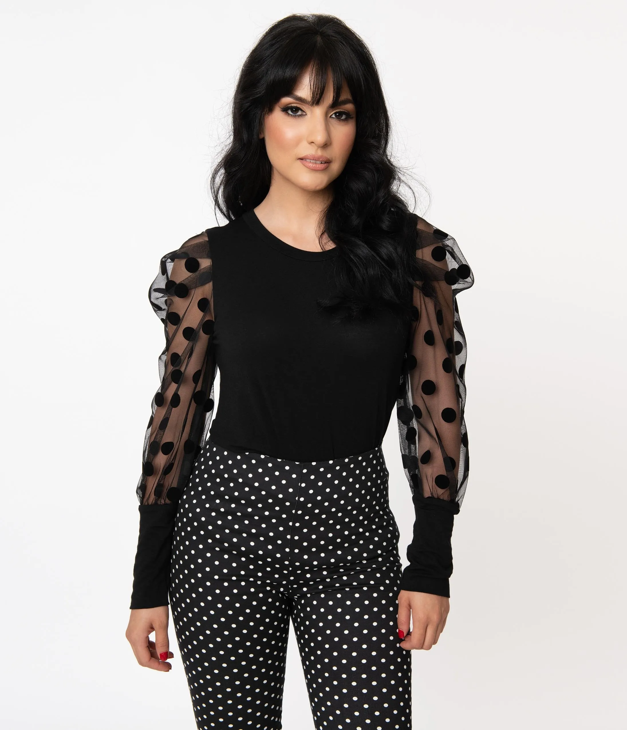 Retro Style Black & Sheer Swiss Dot Top