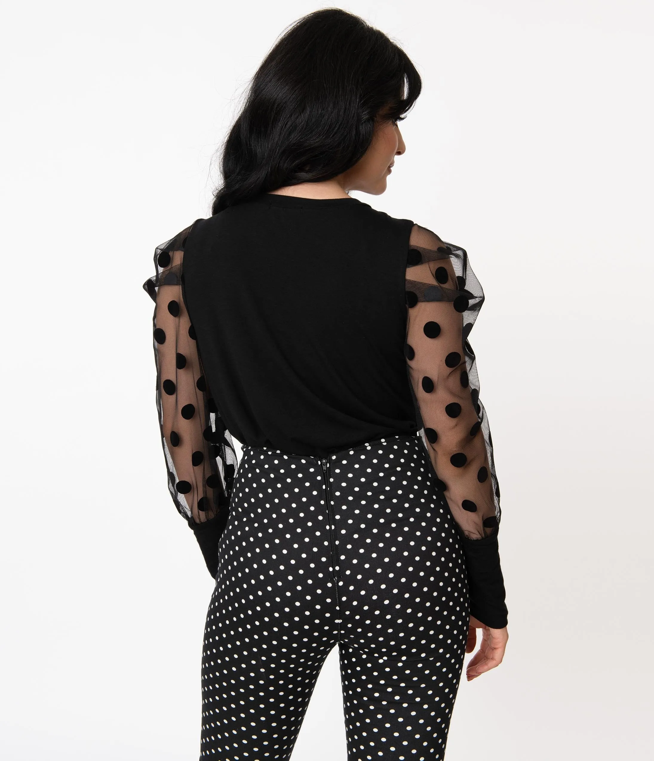 Retro Style Black & Sheer Swiss Dot Top