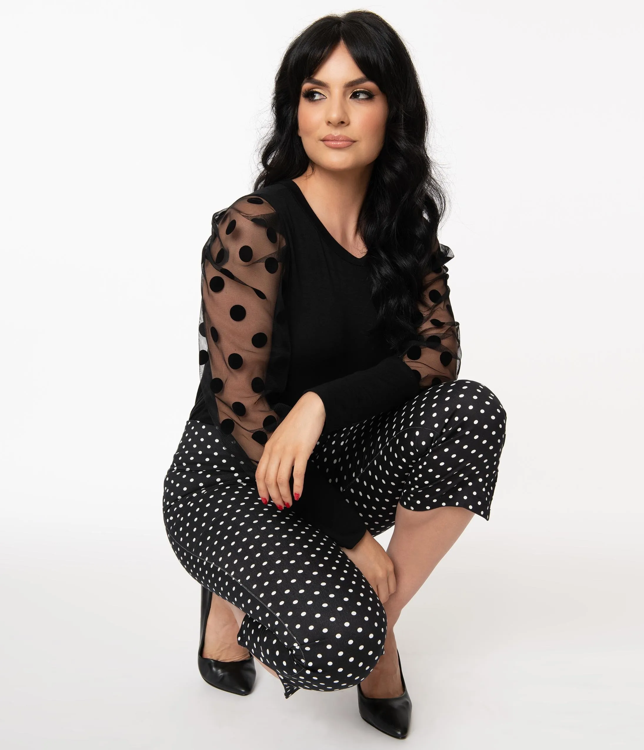 Retro Style Black & Sheer Swiss Dot Top