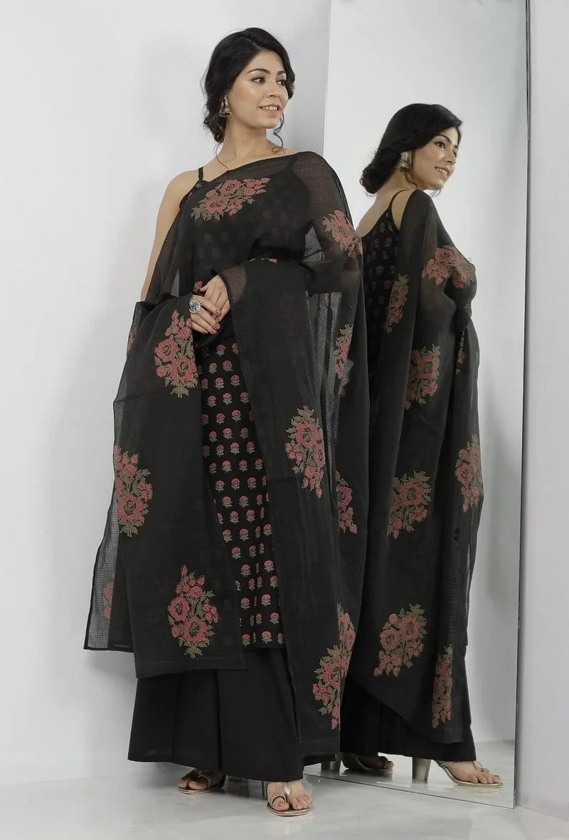 Set of 3: Kaani Black Floral Hand-Block Printed Cotton Slip with Plain Palazzo and Floral Hand-Block Printed Kota Dupatta