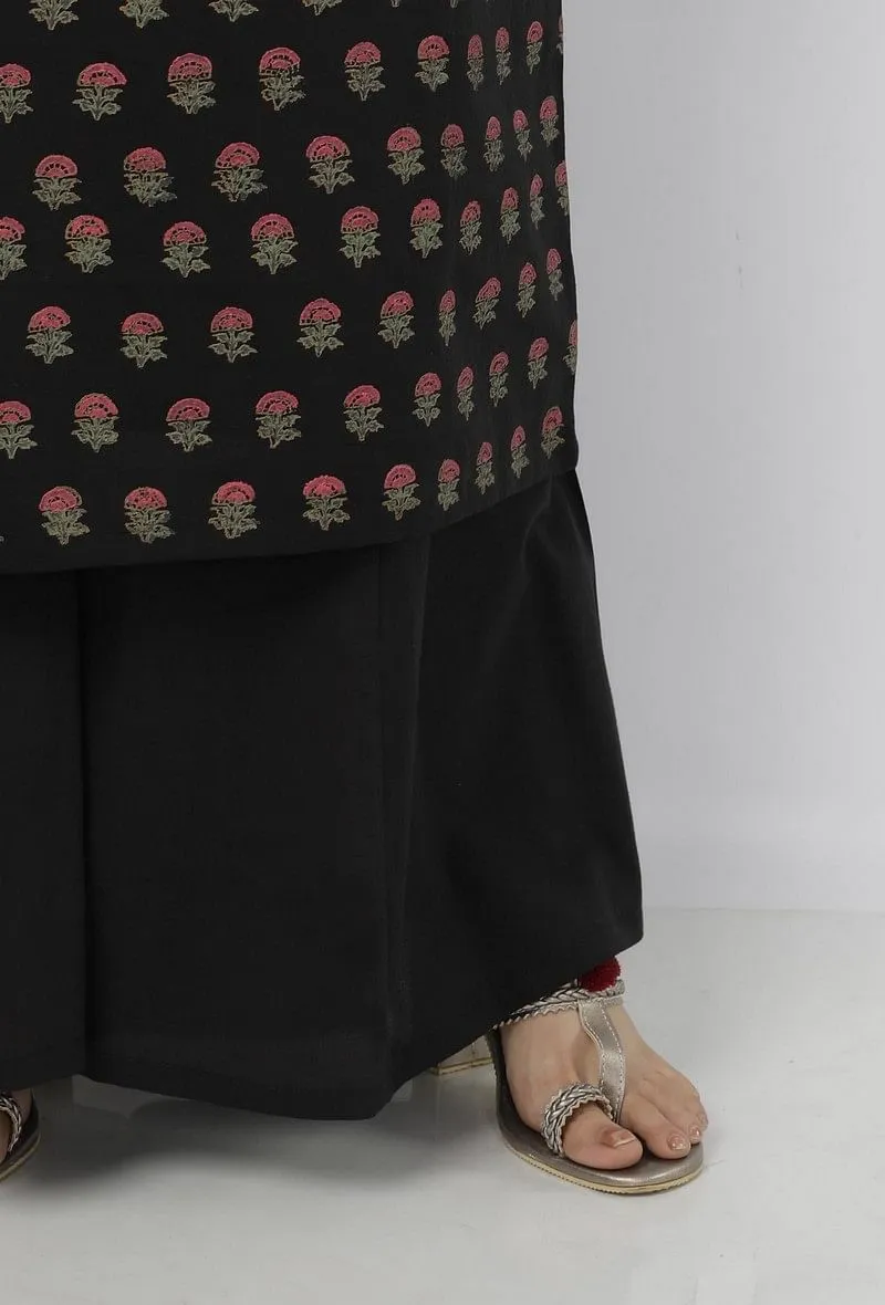 Set of 3: Kaani Black Floral Hand-Block Printed Cotton Slip with Plain Palazzo and Floral Hand-Block Printed Kota Dupatta