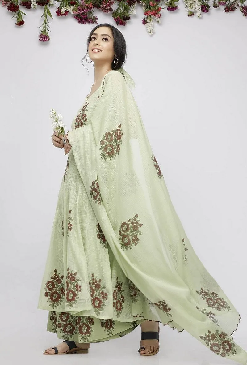 Set of 3: Light Green Kota Kalidaar Hand-Block Printed  Kurta Paired with Cotton Palazzo and  Hand-Block Printed Kota Dupatta