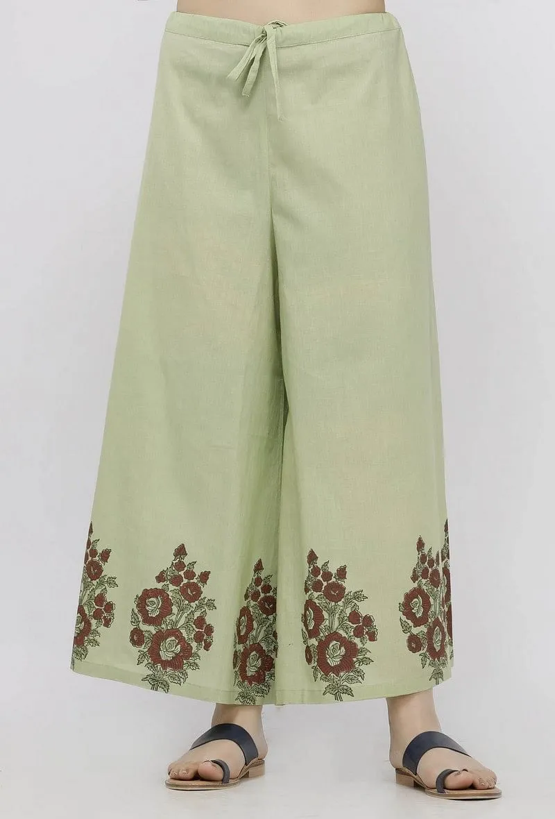 Set of 3: Light Green Kota Kalidaar Hand-Block Printed  Kurta Paired with Cotton Palazzo and  Hand-Block Printed Kota Dupatta