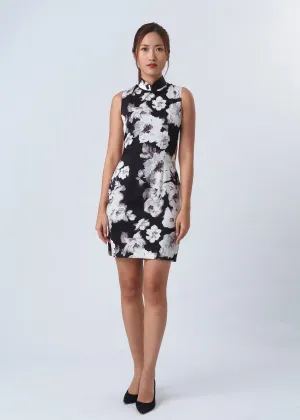 Sleeveless Floral Cut Out Mini Qipao (Black/ White)