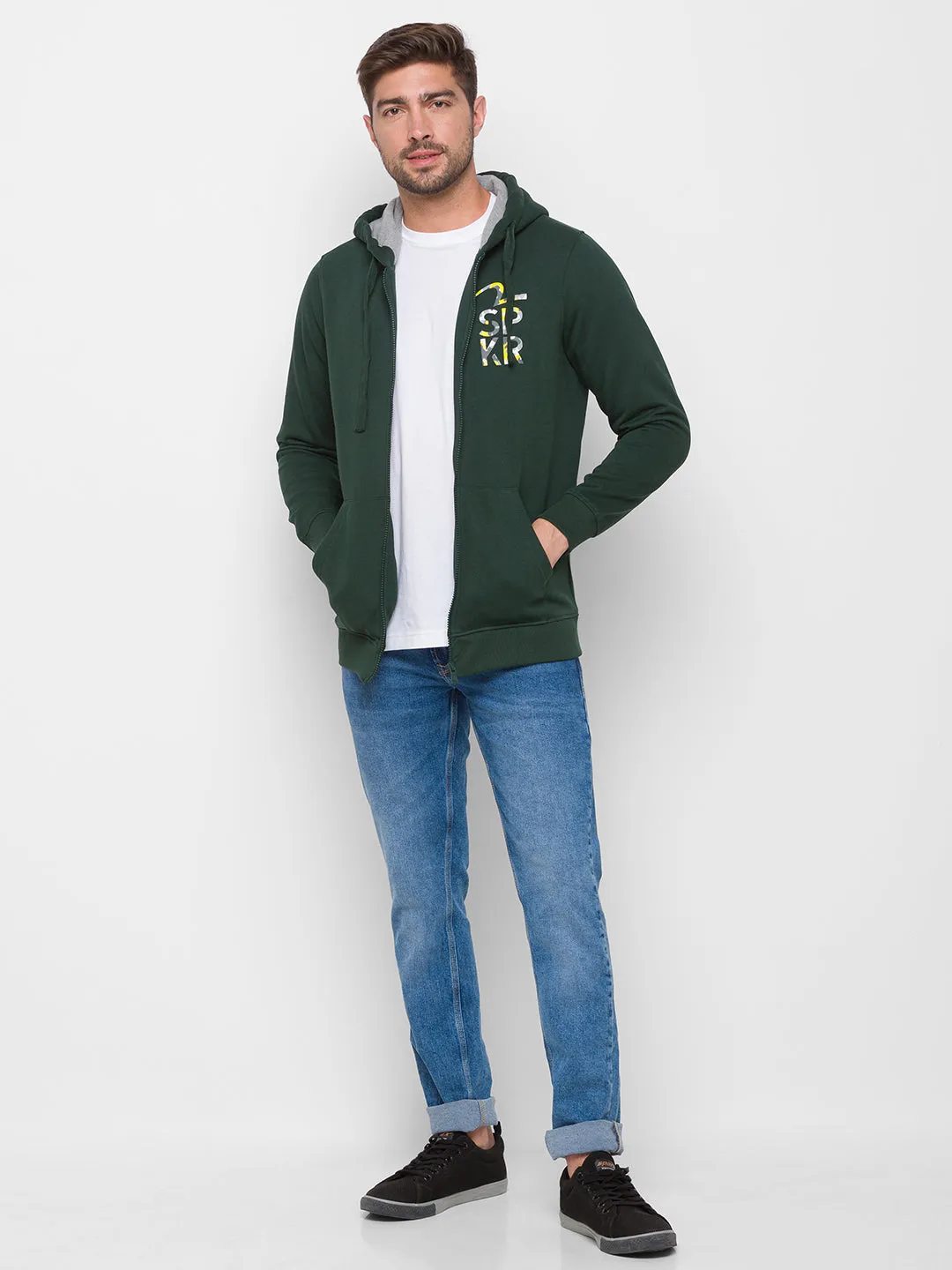 Spykar Men Green Cotton Full Sleeve Hooded Sweatshirt