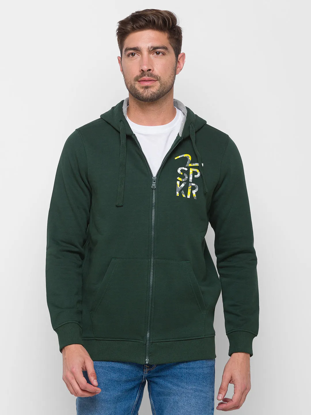 Spykar Men Green Cotton Full Sleeve Hooded Sweatshirt