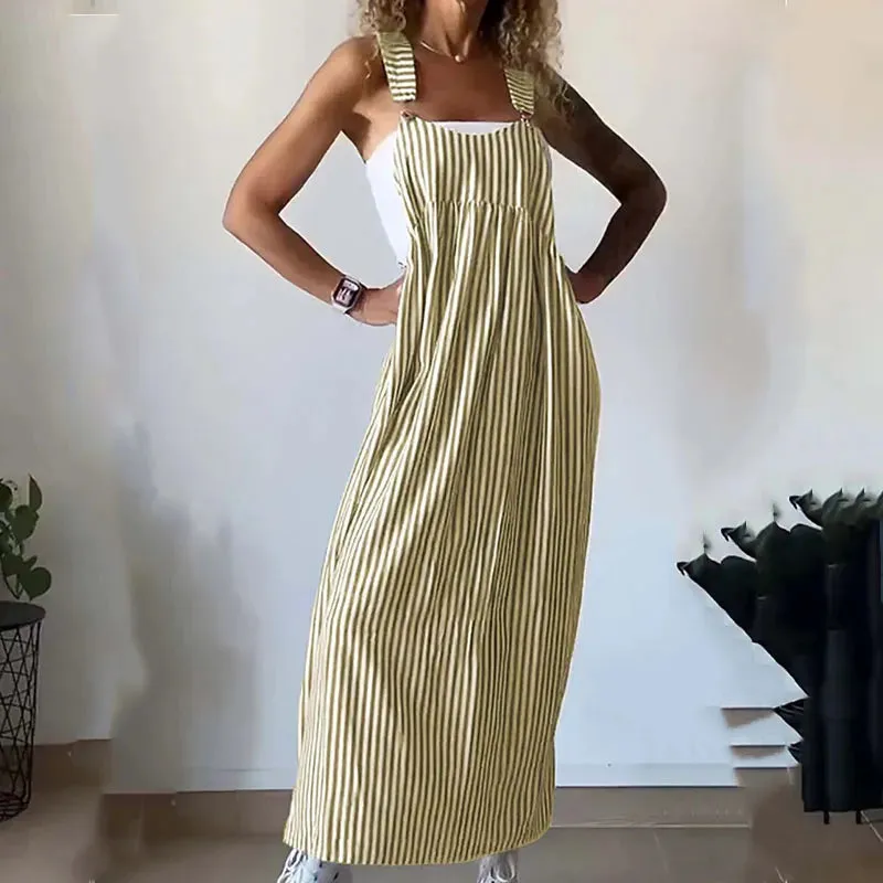 Street Striped Print Beach Elegant Chic Pleat Strap Summer Sleeveless Buckles Floral High Dress