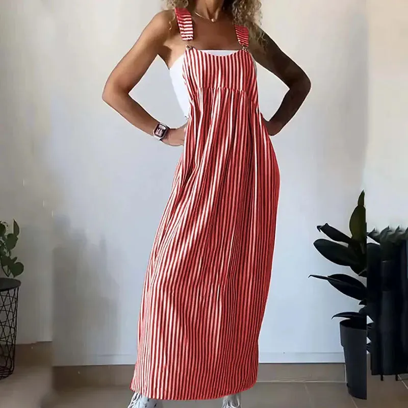 Street Striped Print Beach Elegant Chic Pleat Strap Summer Sleeveless Buckles Floral High Dress