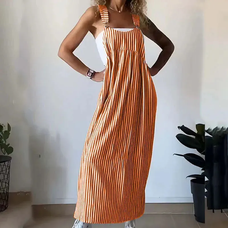 Street Striped Print Beach Elegant Chic Pleat Strap Summer Sleeveless Buckles Floral High Dress