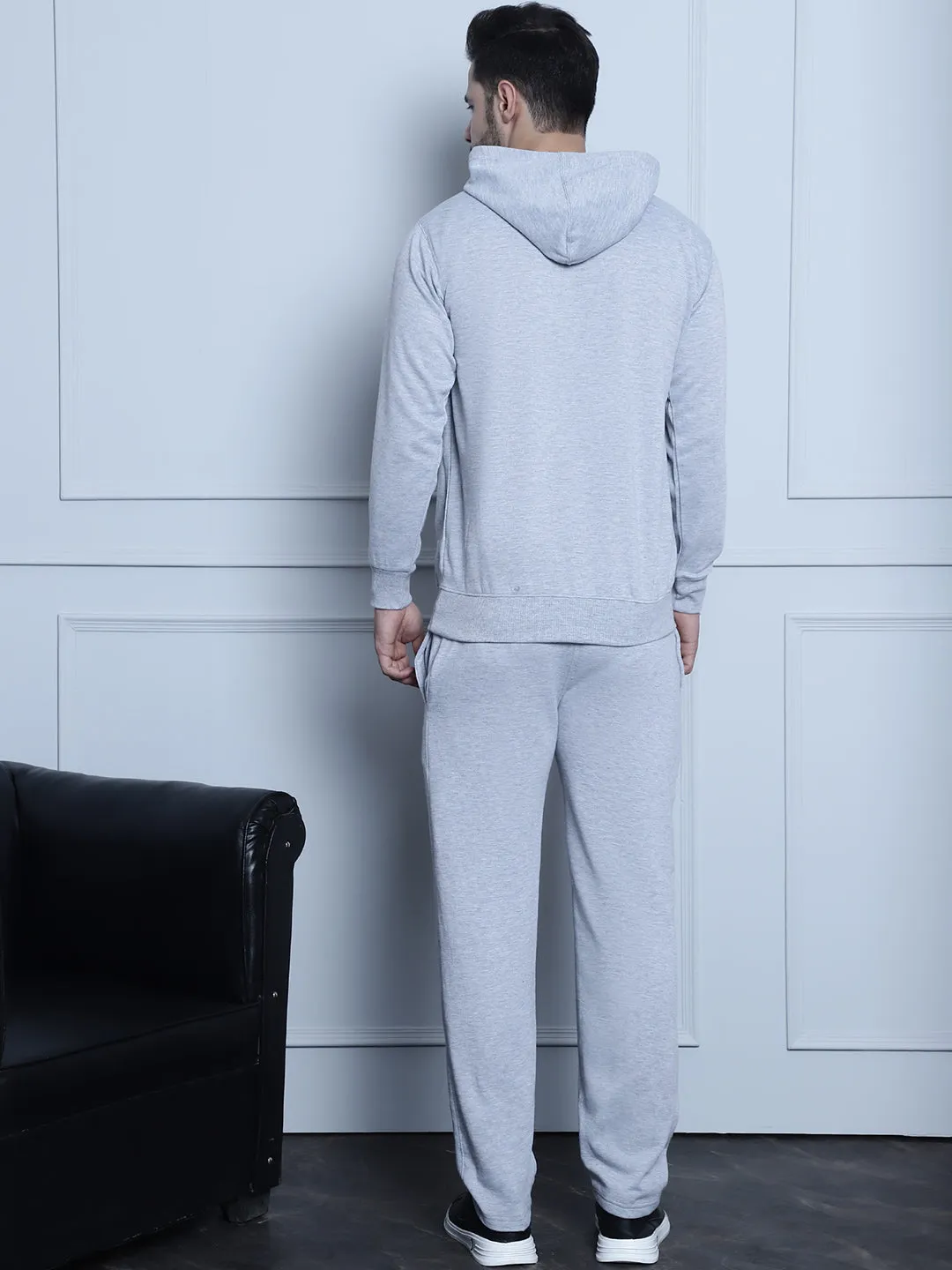 Vimal Jonney Grey Melange Printed Round Neck Cotton Fleece Tracksuit for Men