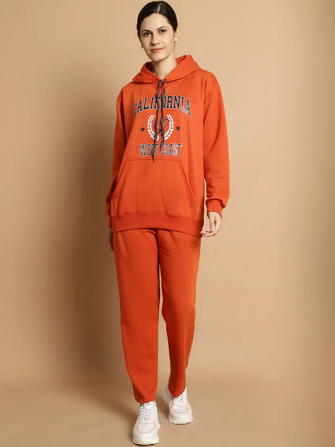 Vimal Jonney Rust Printed Hooded Cotton Fleece Tracksuit for Women(Kangaroo Pockets)