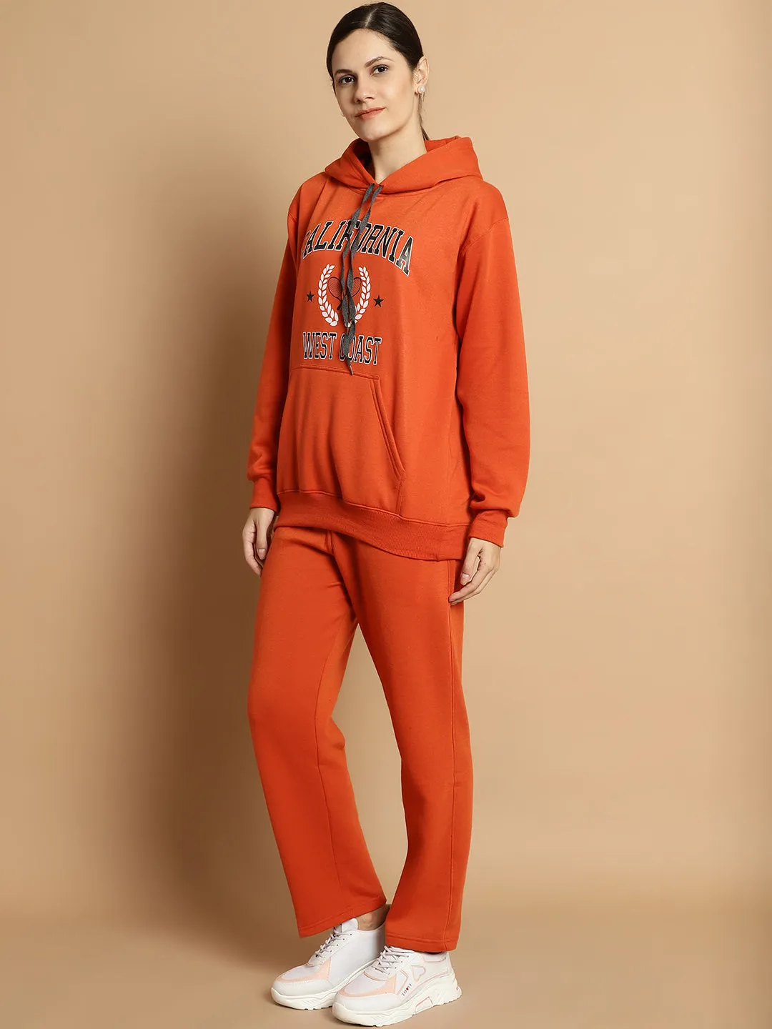 Vimal Jonney Rust Printed Hooded Cotton Fleece Tracksuit for Women(Kangaroo Pockets)