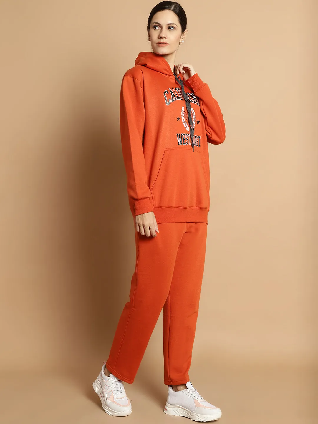 Vimal Jonney Rust Printed Hooded Cotton Fleece Tracksuit for Women(Kangaroo Pockets)