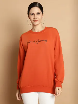 Vimal Jonney Rust Printed Round Neck Cotton Fleece Sweatshirt for Women