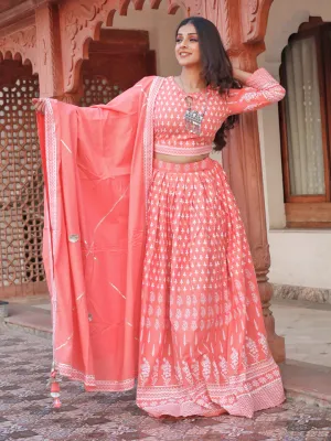 Women Pink Printed Crop Top, Lehenga With Dupatta Set