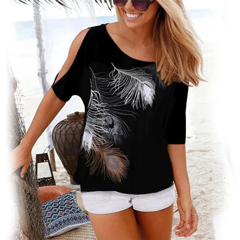 Women's Feather Print Open Shoulder T-shirt