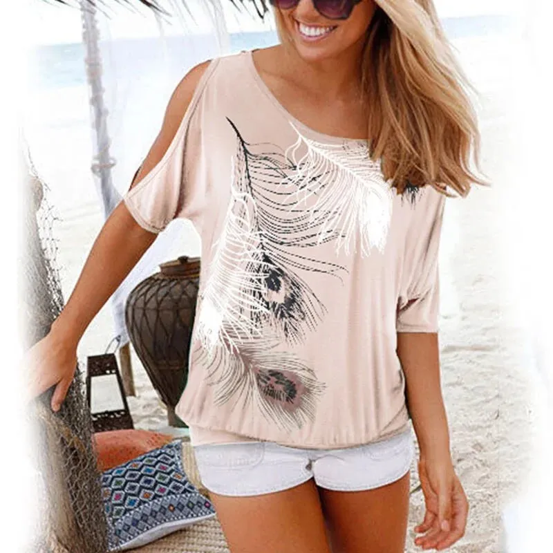 Women's Feather Print Open Shoulder T-shirt