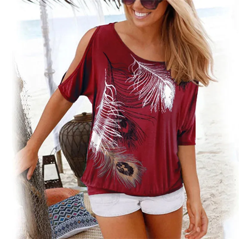 Women's Feather Print Open Shoulder T-shirt