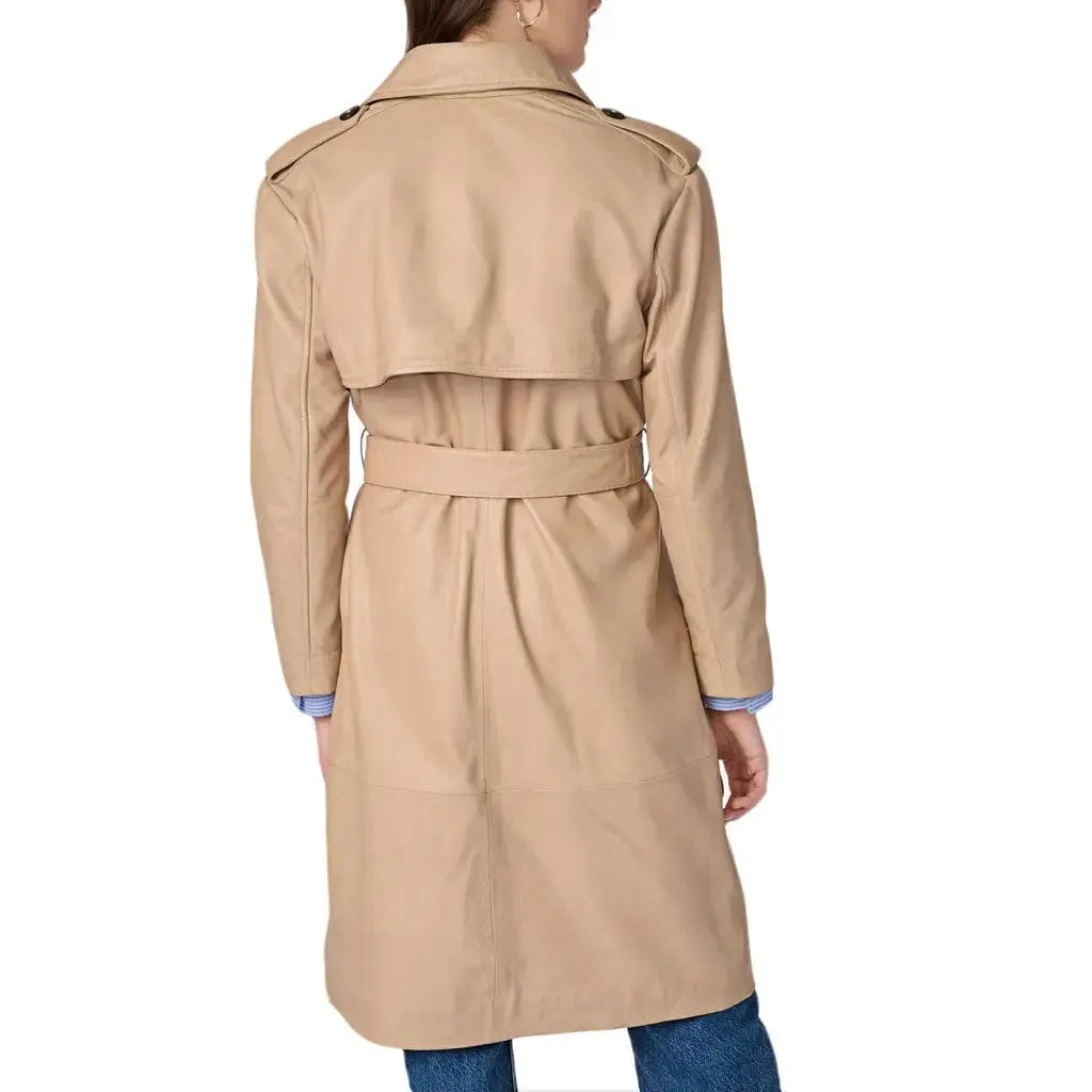 Women's Genuine Lambskin Beige Leather Trench Coat Ladies Winter