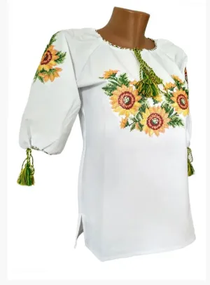 Women's white short-sleeved embroidered shirt with floral ornament