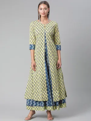 Women'S Yellow Shurg Style Cotton Kurta With Skirt