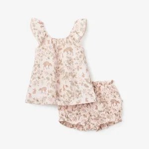 Woodland Print Organic Muslin Flutter Sleeve Dress & Bloomer Set