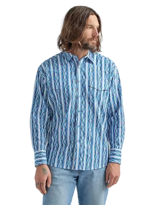 Wrangler Men's Checotah Long Sleeve Western Snap Printed Sea Blue Shirt - Big